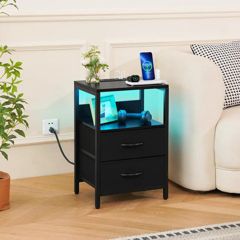 Nightstand With Charging Station And LED Light Fabric Drawers And Storage Shelf Bedside Table With USB Ports And Outlets next to sofa
