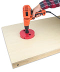 Six Inch Hole Saw With Heavy Duty Steel Design And Non Binding Edge cutting through wood with a drill for DIY board project