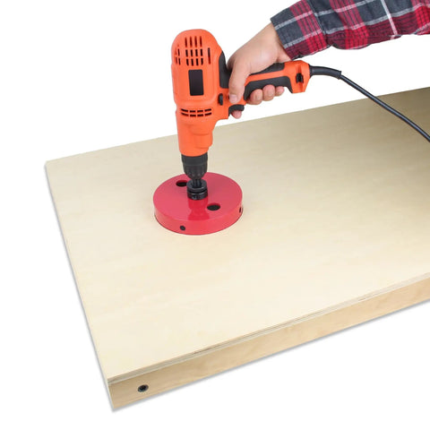 Six Inch Hole Saw With Heavy Duty Steel Design And Non Binding Edge cutting through wood with a drill for DIY board project