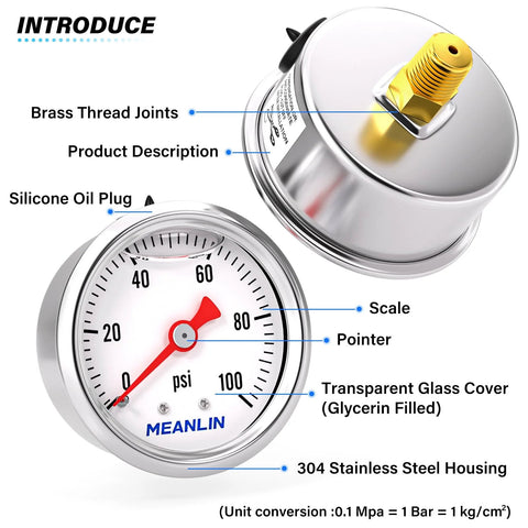 Industrial stainless steel pressure gauge with dial and scale displayed, featuring glycerin filling and durable steel housing for accurate measurement.