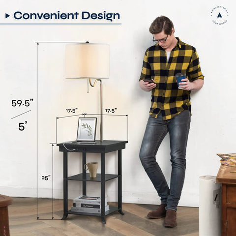 59.5 Inch Floor Lamp End Table With Dope USB And USB C Charging Station And Power Outlet Bedside Nightstand Lamp Ava White
