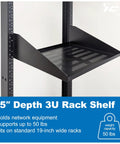 Tough As Nails Ventilated Steel Cantilever Rack Shelf For 19 Inch Server Cabinet Network Equipment Heavy Duty One Piece Build Holds Up To Fifty Pounds Sharp Black Metal Trays Two Pack, showcasing a 15 inch depth rack shelf.