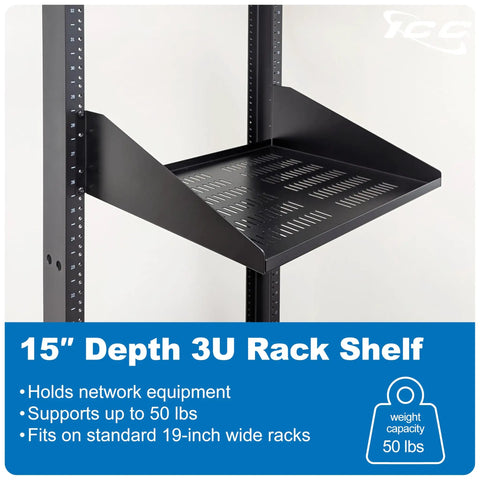 Tough As Nails Ventilated Steel Cantilever Rack Shelf For 19 Inch Server Cabinet Network Equipment Heavy Duty One Piece Build Holds Up To Fifty Pounds Sharp Black Metal Trays Two Pack, showcasing a 15 inch depth rack shelf.