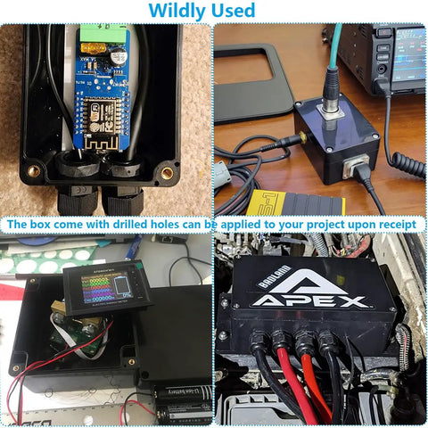 Rugged Abs Black IP67 Waterproof Junction Box With Pre Installed Gasket Mounting Ears And Cable Glands For Outdoor Diy Electronics Projects And Kick Butt Weather Shield Enclosure 4.5 X 3.5 X 2.2 Inches, showing internal components and external connections.