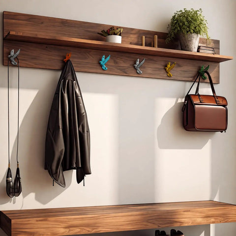 Set Of Six Slick Flying Bird Cast Iron Wall Hooks Featuring Hella Distressed Rustic Finish, displaying coats and bags.