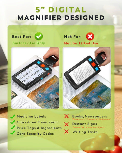 5 Inch Portable Digital Magnifier With 4X To 32X Zoom And Foldable Handle For Quick Reading On The Go, teaching correct use.