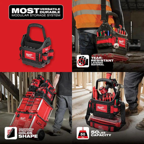 Packout 10 Inch Structured Tote For Tools And Gear, Durable black tool organizer with red accents, showing compartments and latches.