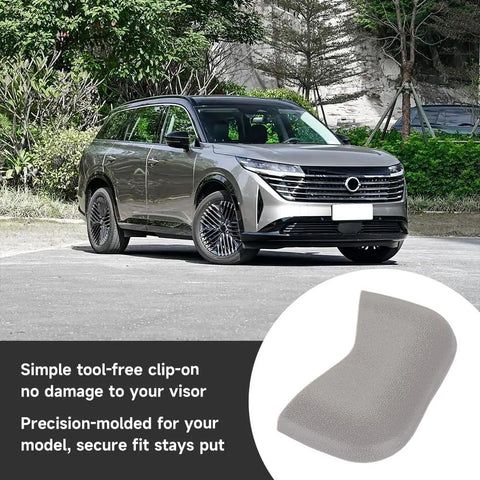 SUV parked outdoors with text overlay about Sun Visor Cap Clip 964203JA0A for Nissan Pathfinder Altima Murano Rogue Maxima in grey plastic.