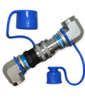 TL107 1/2 in NPT hydraulic quick-connect coupling with 90-degree elbow; metal body, two blue dust caps