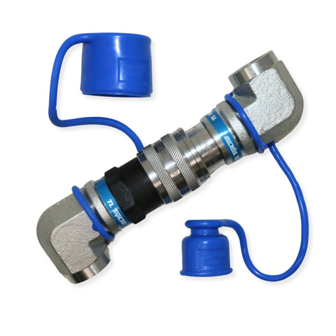 TL107 1/2 in NPT hydraulic quick-connect coupling with 90-degree elbow; metal body, two blue dust caps