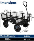 Heavy Duty Garden Cart With 880 Lbs Load Capacity, dimensions diagram, 4 Cu Ft Removable Sides, all terrain wheels, steel frame