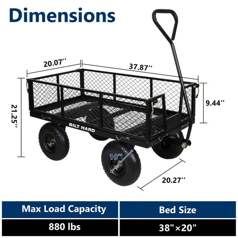Heavy Duty Garden Cart With 880 Lbs Load Capacity, dimensions diagram, 4 Cu Ft Removable Sides, all terrain wheels, steel frame