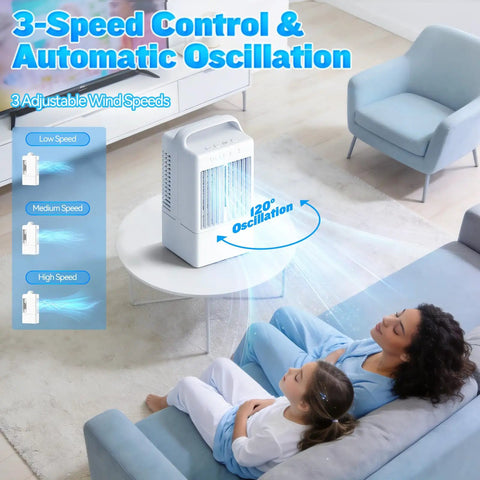 Portable Evaporative Cooler With 900ml Tank, Mini Air Conditioner Fan For Room, Oscillating Cooling Fan With Mist in living room