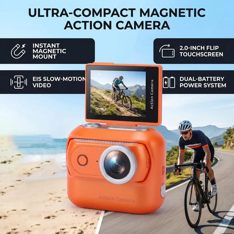4K Magnetic Action Camera with 48MP Sensor, dual battery, orange, 2.0-inch flip touch screen showing cyclist, EIS stabilization