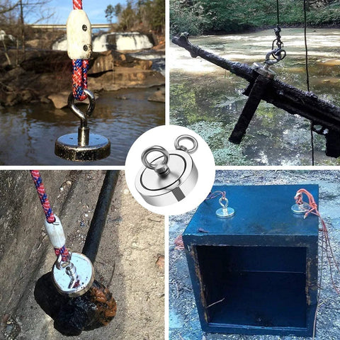 Grtard magnet fishing kit with 3.70-inch double-sided neodymium magnets and case; rope shown in river and near a box.