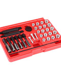 Top Notch Glow Plug Thread Repair Kit With 33 Pieces Of Heavy Duty Tools For Diesel Engines Designed To Fix Damaged Spark Plug Holes Perfectly And Save You From Expensive Engine Overhaul Bills Quick Install Made Simple, red case with taps, inserts, adapters