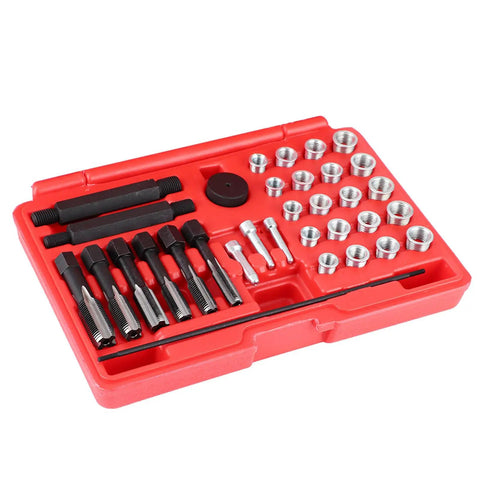 Top Notch Glow Plug Thread Repair Kit With 33 Pieces Of Heavy Duty Tools For Diesel Engines Designed To Fix Damaged Spark Plug Holes Perfectly And Save You From Expensive Engine Overhaul Bills Quick Install Made Simple, red case with taps, inserts, adapters