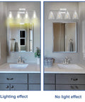 Bathroom showing lighting effect of Chrome Four-Light Vanity Light Fixture Over Mirror With Clear Glass Shade, E26 Wall Sconce.
