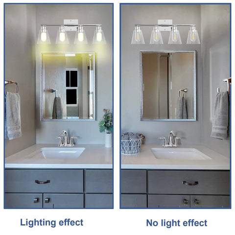 Bathroom showing lighting effect of Chrome Four-Light Vanity Light Fixture Over Mirror With Clear Glass Shade, E26 Wall Sconce.