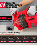 Heavy Duty Cordless Electric Drain Auger Zero Cord Drama Slick Clog Buster Plumbing Pipe Cleaner Bare Tool Compatible With Standard 18V Power Tool Batteries Runs Smooth in red with steel cable.