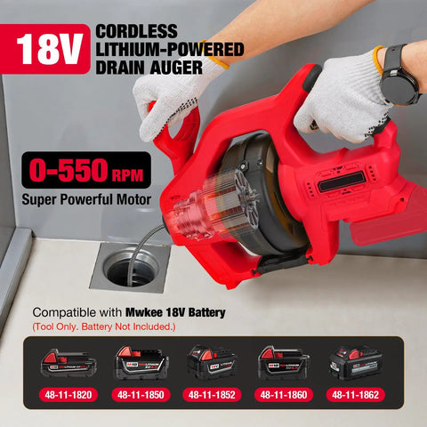 Heavy Duty Cordless Electric Drain Auger Zero Cord Drama Slick Clog Buster Plumbing Pipe Cleaner Bare Tool Compatible With Standard 18V Power Tool Batteries Runs Smooth in red with steel cable.