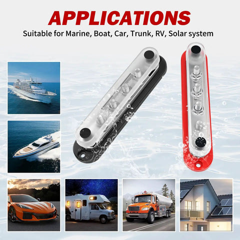 Beefy Marine Grade 300 Amp 12V Bus Bar With 3 Eighth Inch Studs Power Distribution Block With Cover For Boat Battery Wiring Positive And Negative Terminals Automotive And Solar Use Pack Of 2, shown for marine, car, RV, solar use