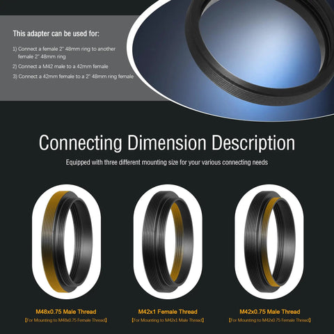 Image showing Telescope Adapter M48X0.75 To M42X0.75 And M42X1 Female To M42X0.75 Male, Converts To T2 Male, anodized connection details.