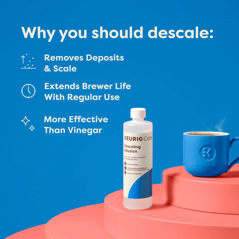 K-Duo 3 Month Brewer Care Kit With Descaling Solution Cleansing Tablets Rinse Pods And Water Filter Cartridges in blue background