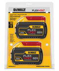 FLEXVOLT 20V/60V MAX Battery Pack 9.0 Ah Two-Pack for Power Tools, packaging displaying two batteries.