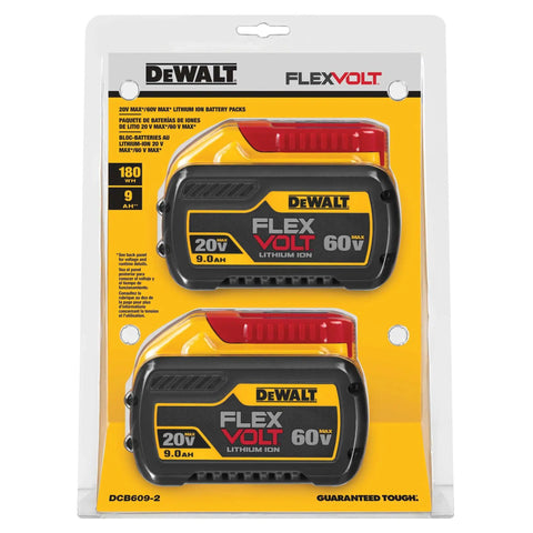 FLEXVOLT 20V/60V MAX Battery Pack 9.0 Ah Two-Pack for Power Tools, packaging displaying two batteries.