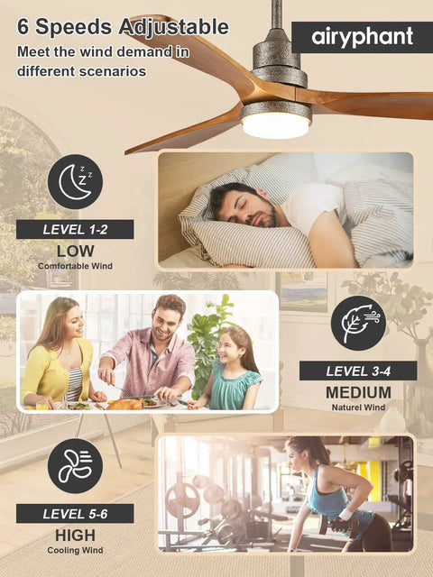 52 Inch Ceiling Fan With Light And Remote Control, 3 Blade Outdoor Wood Farmhouse Style Fan in bedroom and living room scenarios.