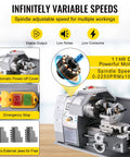Heavy Duty 210Mm X 400Mm Mini Metal Lathe With Variable Speed Control Up To Two Thousand Two Hundred Fifty Rpm features a powerful motor and control panel.