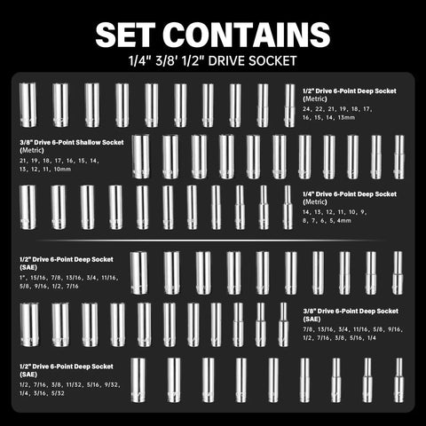 Socket set from Beefy All In One Heavy Duty 264 Piece Mechanics Tool Set With SAE And Metric Sockets Drive Sizes One Half Inch One Quarter Inch And Three Eighths Inch Deep And Shallow Sockets CR-V Steel 90 Tooth Ratchet Extension Bar Universal Joint Molded Case.