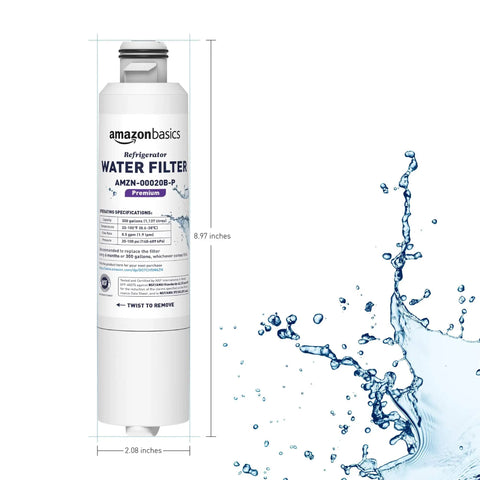 Samsung DA29-00020B Refrigerator Water Filter Cartridge 3 Pack shown with dimensions and water splash illustration.