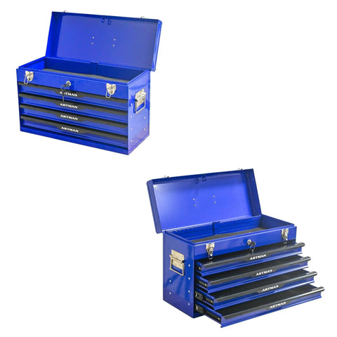 Heavy Duty 20 Inch Steel Rolling Tool Chest With Three Drawers Locking System And Drawer Interlock For Safe Transport Powder Coated Finish Lockable Cabinet On Wheels For Workshop Garage Home Office Blue