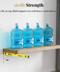 Rock Solid Hidden Floating Shelf Brackets 8 Pack Black Heavy Duty Metal Wall Mounts supporting four water jugs on a wooden shelf.