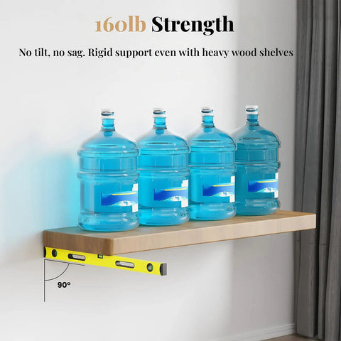 Rock Solid Hidden Floating Shelf Brackets 8 Pack Black Heavy Duty Metal Wall Mounts supporting four water jugs on a wooden shelf.
