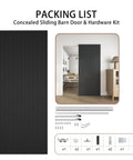 36X84 Inch Black Wood Sliding Barn Door With Concealed Tracks And Soft Close Hardware Kit displayed with packing list and interior view.