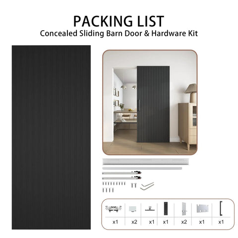 36X84 Inch Black Wood Sliding Barn Door With Concealed Tracks And Soft Close Hardware Kit displayed with packing list and interior view.