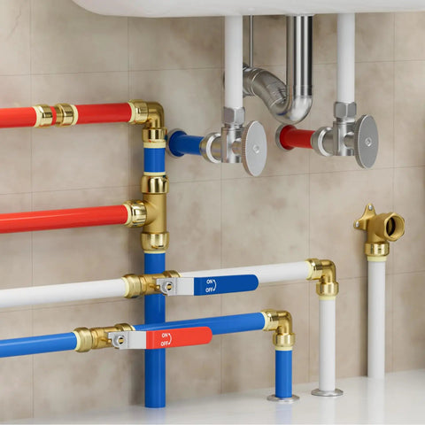 100 Pack 3/4 Inch DZR Brass Push Fit Elbow Fittings For Pex Copper CPVC Pipe used in colorful plumbing setup with valves.