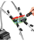 Four Arm Third Hand Soldering Station With Flexible Gooseneck Arms Holding PCB for Precision Soldering on Workbench