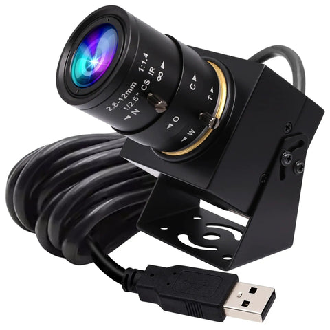 Global Shutter USB Camera With 10X Telephoto Zoom 5 To 50Mm Varifocal CS Mount Webcam with USB cable, front view