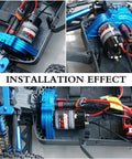 12T 550 Brushed RC Motor for 1 Tenth Scale Traxxas Slash installation in RC truck, showing long armature and wiring details