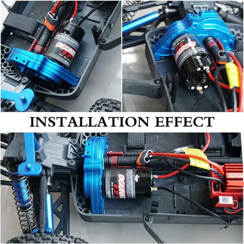 12T 550 Brushed RC Motor for 1 Tenth Scale Traxxas Slash installation in RC truck, showing long armature and wiring details