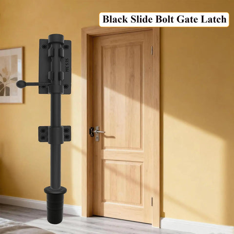 Built To Last Tough As Nails Heavy Duty Black Slide Bolt Gate Latch with Extra Thick 304 Stainless Steel Barrel Bolt, door view