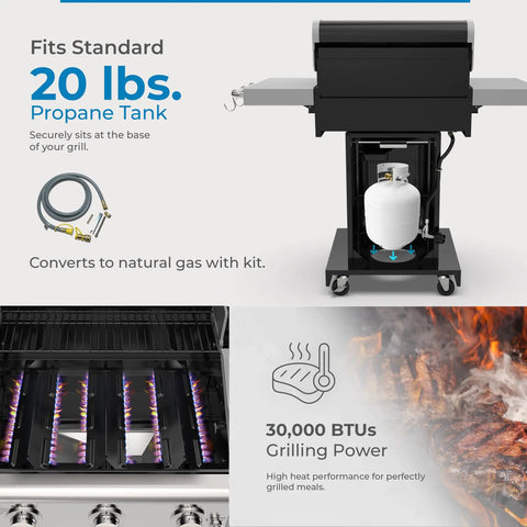 Three Burner Propane Gas Grill With 30000 BTUs Cast Iron Grates 512 Square Inches Of Total Cooking Surface Including 381 Primary And 131 Warming Rack