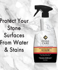 No Fuss Granite Sealer And Stone Protector Spray That Dries In A Snap, 24 oz bottle on marble background.