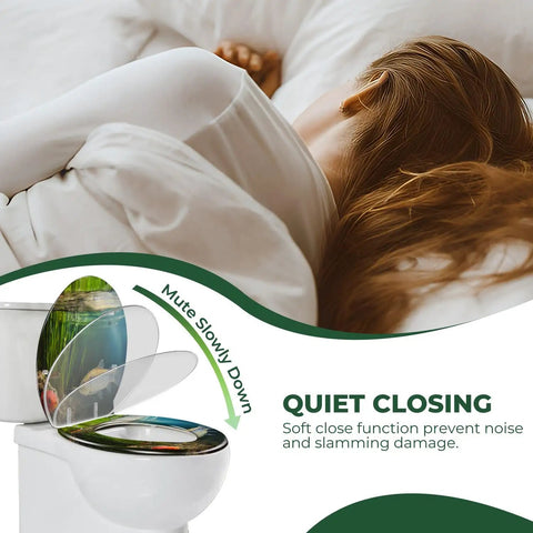Elongated Resin Toilet Seat for Bathroom with quiet close feature, shown above a white toilet with a soft closed lid.
