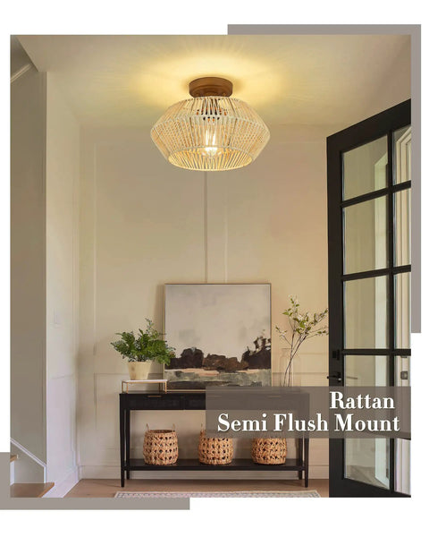 Handmade Rattan Ceiling Light Fixture With Woven Shade Boho Style Semi Flush Mount 13 Inch Ceiling Lamp illuminating entryway.