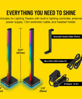 ICUE LT100 Smart Lighting Tower Starter Kit with accessories, shown with two 16.61-inch RGB towers and cables on yellow background.